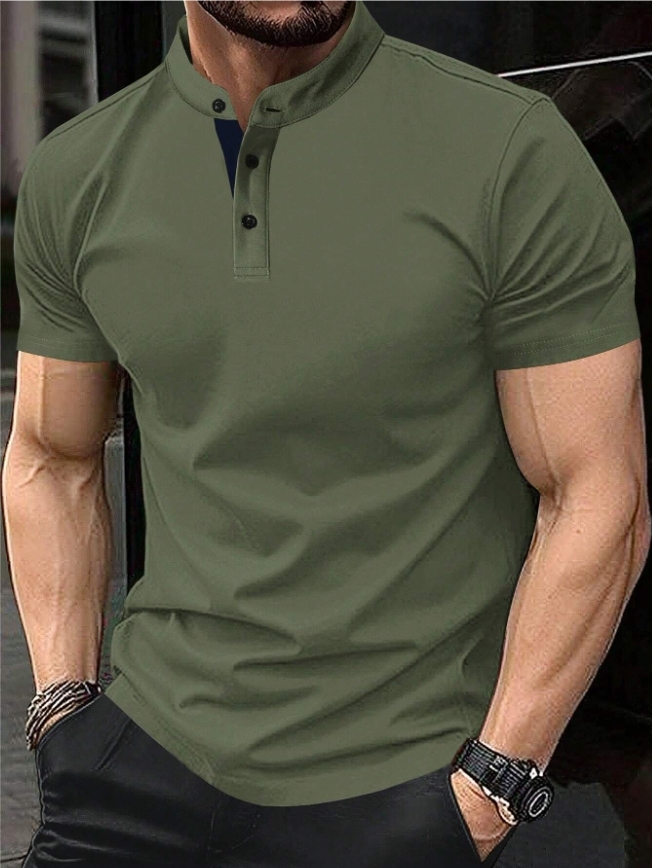 Men's Casual Solid Color Button Short-sleeved T-shirt