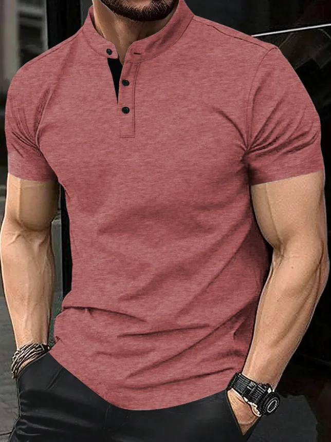 Men's Casual Solid Color Button Short-sleeved T-shirt
