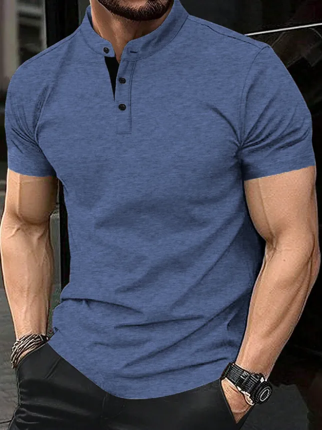 Men's Casual Solid Color Button Short-sleeved T-shirt