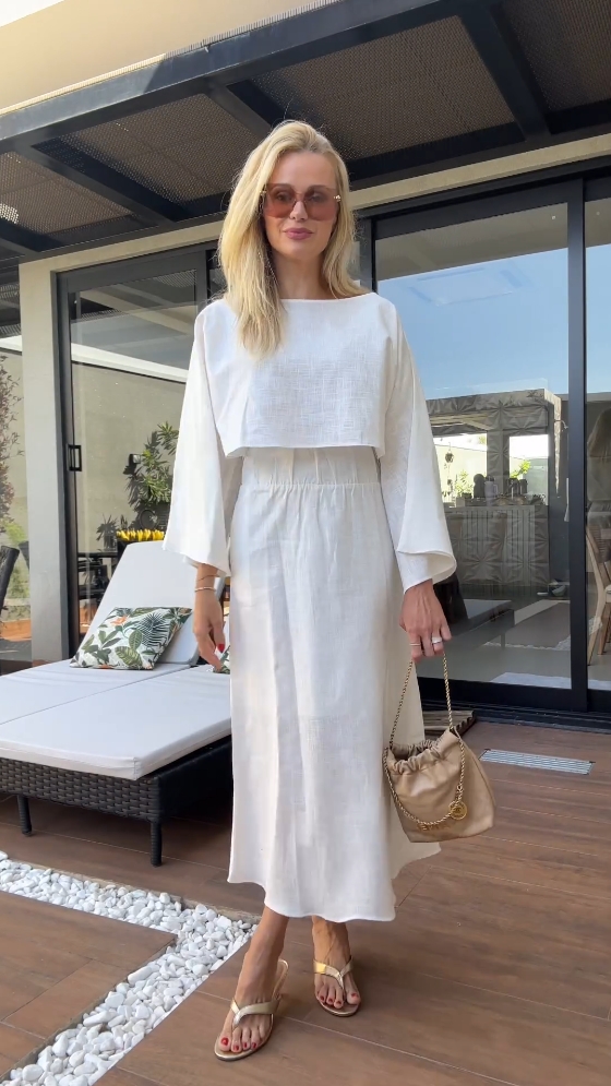 Women's solid color cotton and linen short long-sleeved top and skirt set