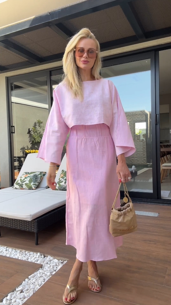 Women's solid color cotton and linen short long-sleeved top and skirt set