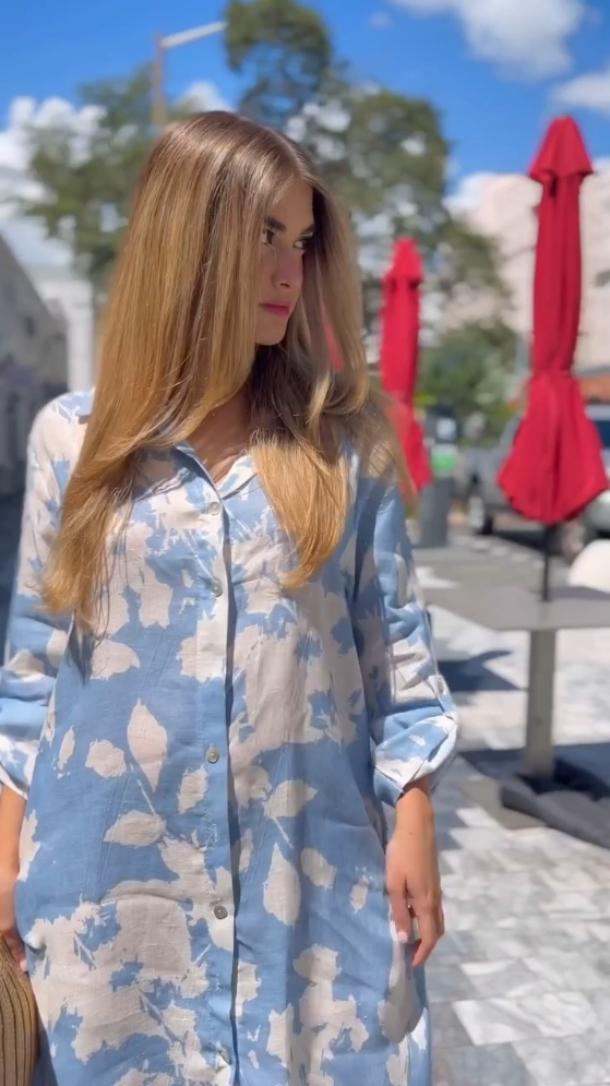 Tencel cotton and linen printed casual loose shirt dress(5 colors)