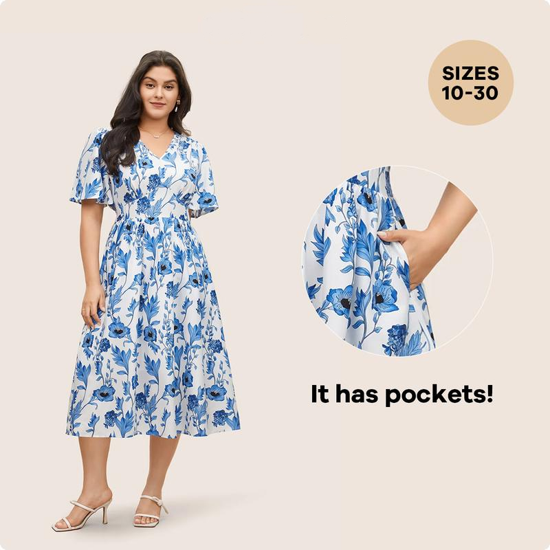 Floral Pocket Pleated Elastic Waist A-Line Dress
