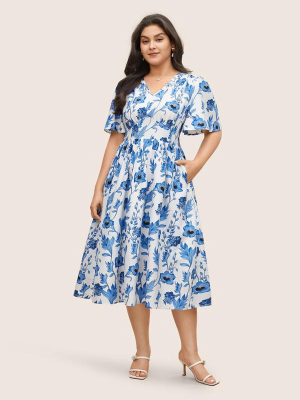Floral Pocket Pleated Elastic Waist A-Line Dress