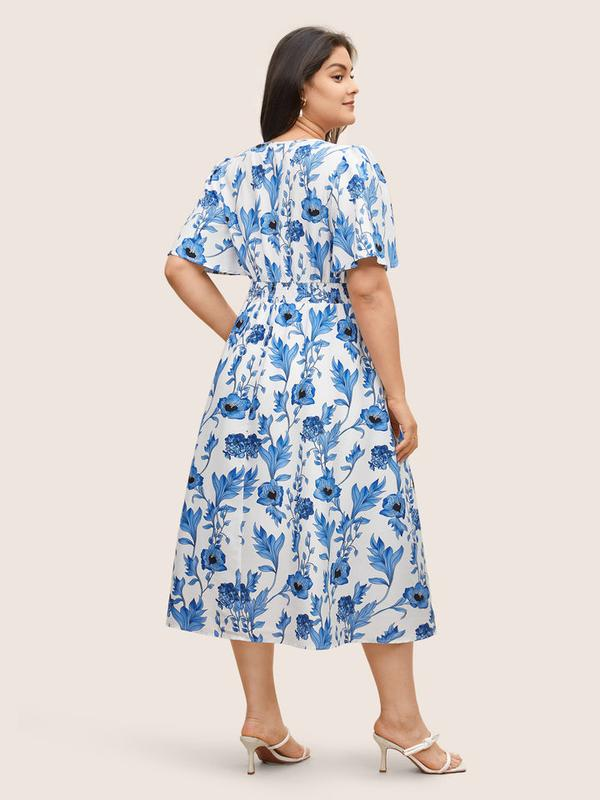 Floral Pocket Pleated Elastic Waist A-Line Dress