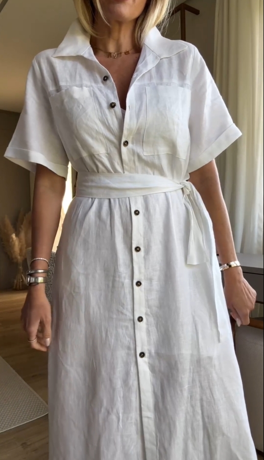 2024 Summer New 100% Jasmine Linen Short Sleeve Shirt Dress(Free Belt)