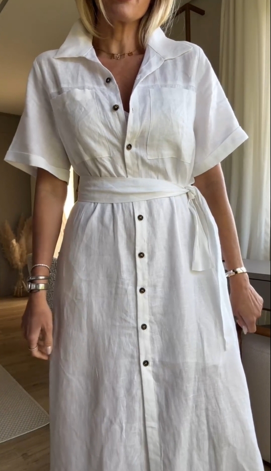 2024 Summer New 100% Jasmine Linen Short Sleeve Shirt Dress(Free Belt)