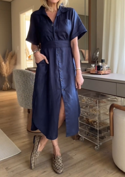 2024 Summer New 100% Jasmine Linen Short Sleeve Shirt Dress(Free Belt)