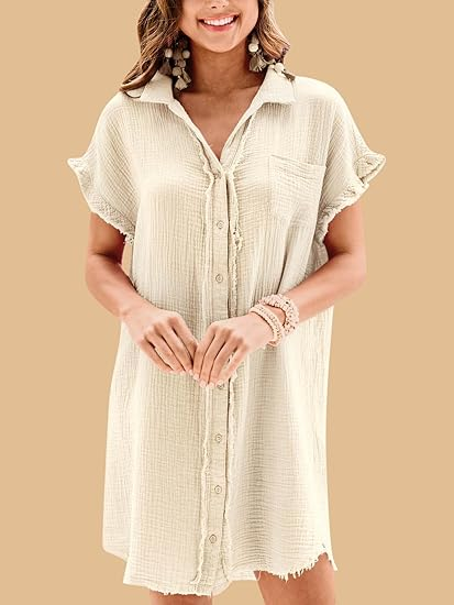 Women's Cotton Button Shirt Short Sleeve Dress with Pockets