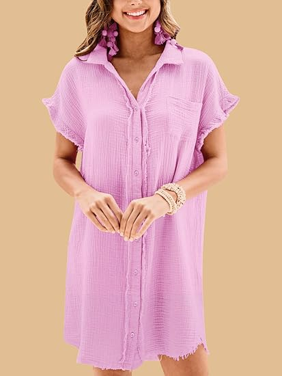 Women's Cotton Button Shirt Short Sleeve Dress with Pockets