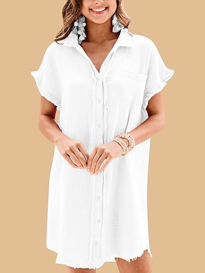 Women's Cotton Button Shirt Short Sleeve Dress with Pockets