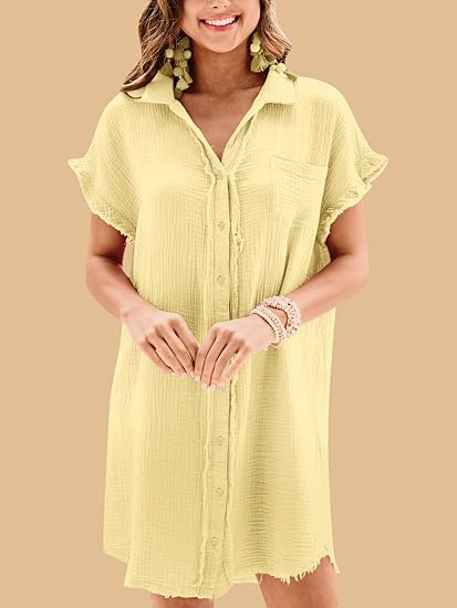 Women's Cotton Button Shirt Short Sleeve Dress with Pockets