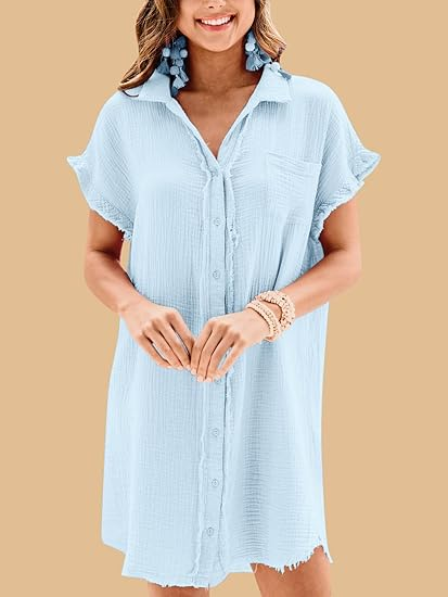 Women's Cotton Button Shirt Short Sleeve Dress with Pockets