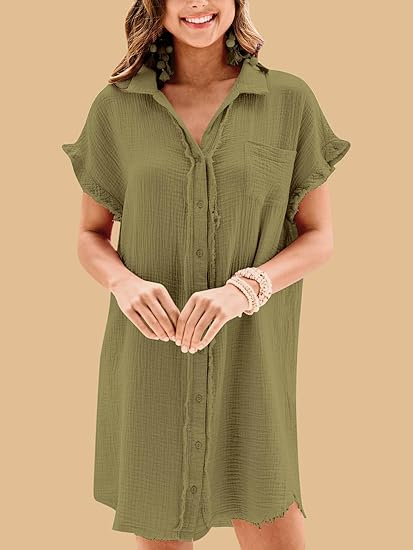 Women's Cotton Button Shirt Short Sleeve Dress with Pockets