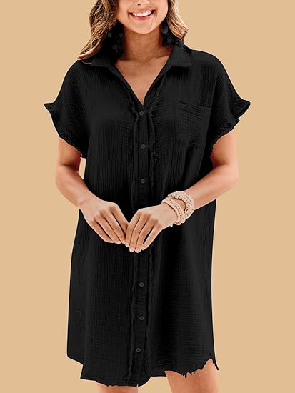 Women's Cotton Button Shirt Short Sleeve Dress with Pockets