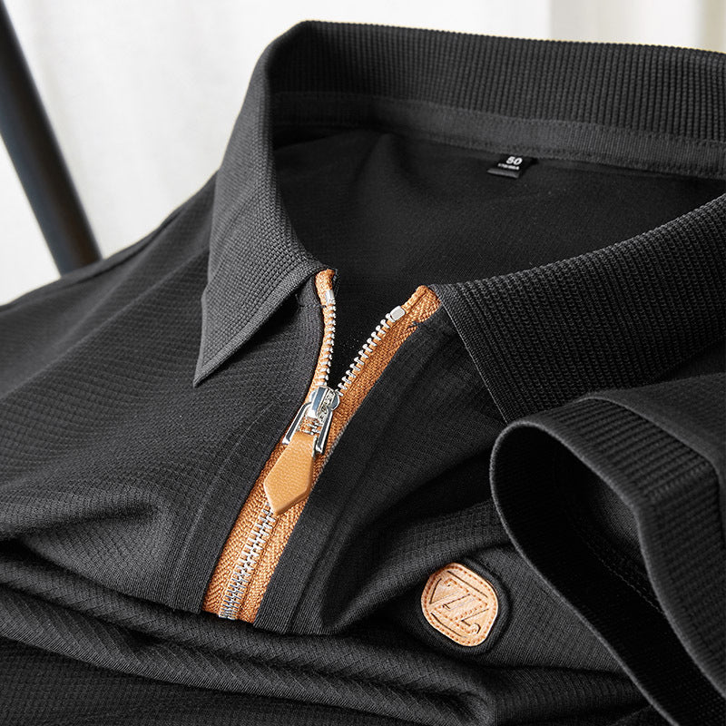 Zip-up Polo Jersey Short Sleeve Leather Logo Tee