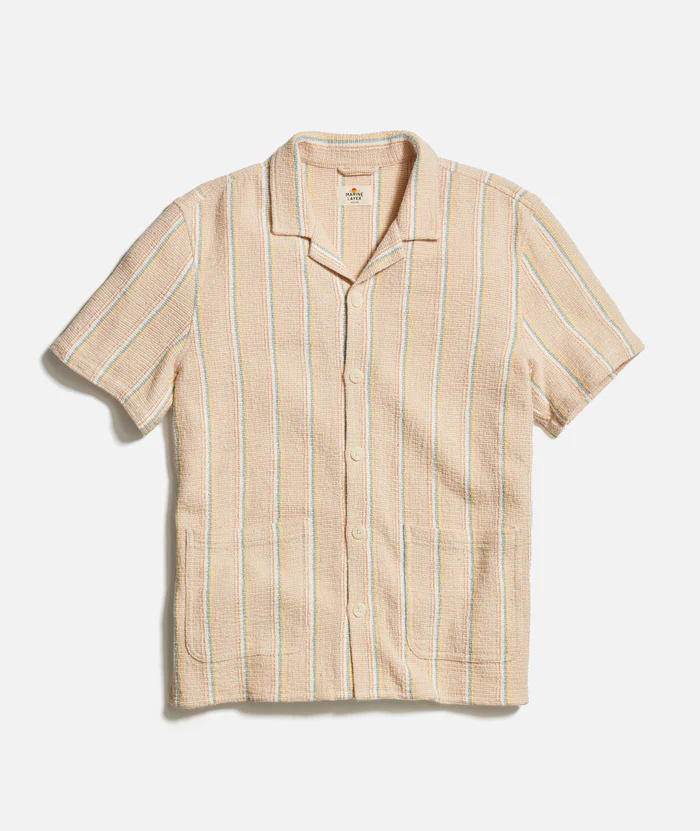 Men's Casual Cotton Linen Lapel Pocket Short Sleeve Striped Shirt