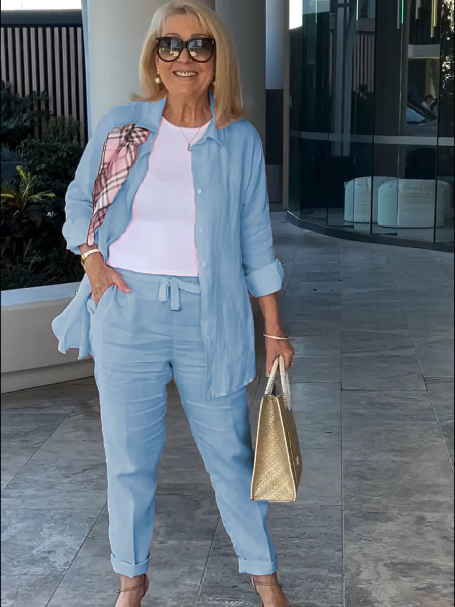Casual solid color cotton and linen pants two-piece set