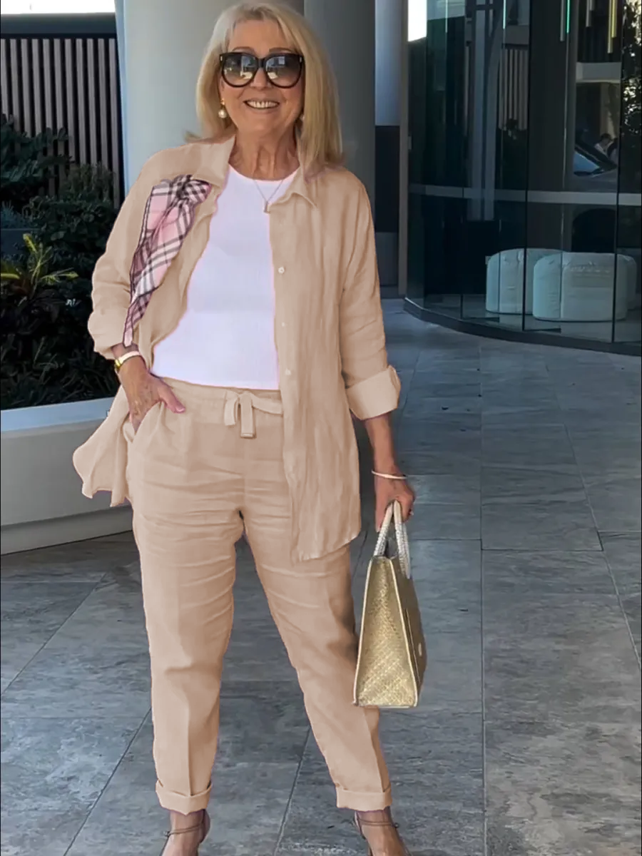Casual solid color cotton and linen pants two-piece set