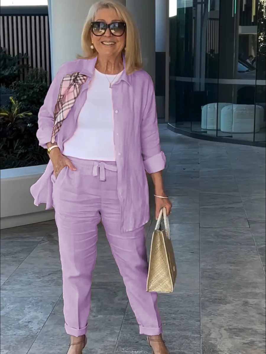 Casual solid color cotton and linen pants two-piece set