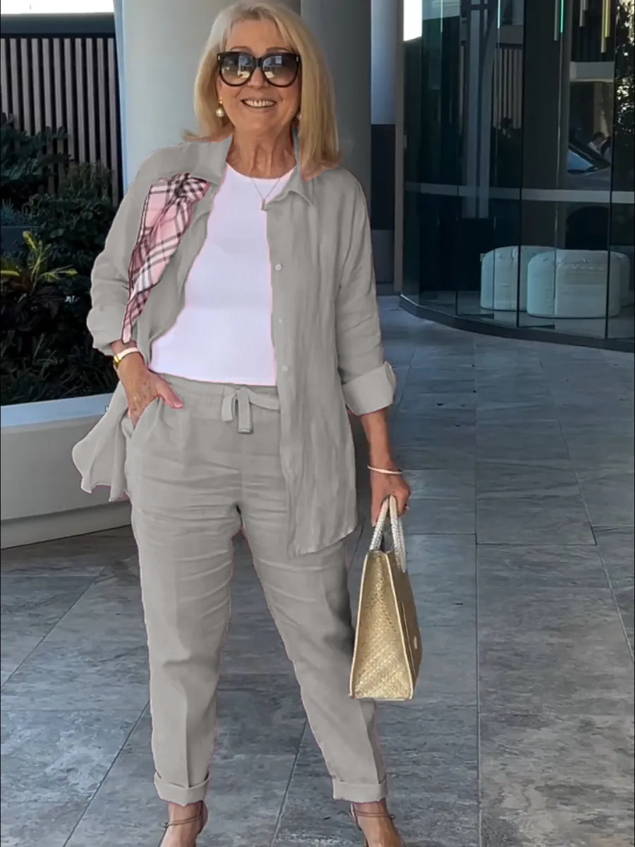 Casual solid color cotton and linen pants two-piece set