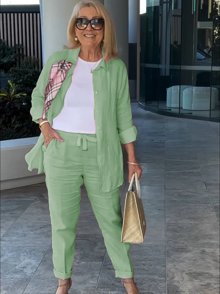 Casual solid color cotton and linen pants two-piece set