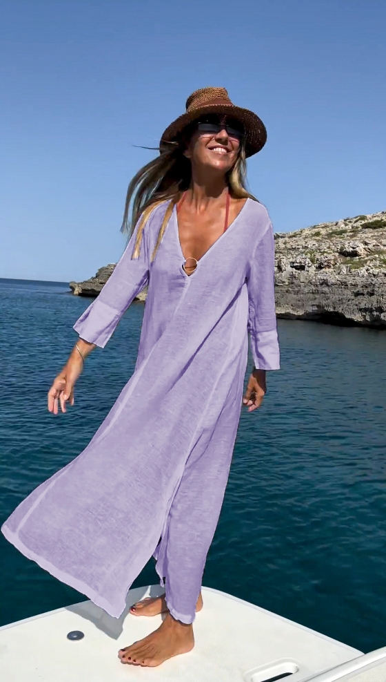 Basic Cotton and Linen Long Sleeve V-Neck Shirt Dress