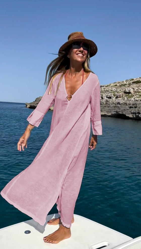 Basic Cotton and Linen Long Sleeve V-Neck Shirt Dress