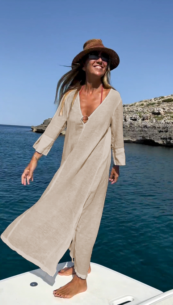 Basic Cotton and Linen Long Sleeve V-Neck Shirt Dress