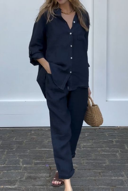 Casual cotton and linen shirt and trousers two-piece suit