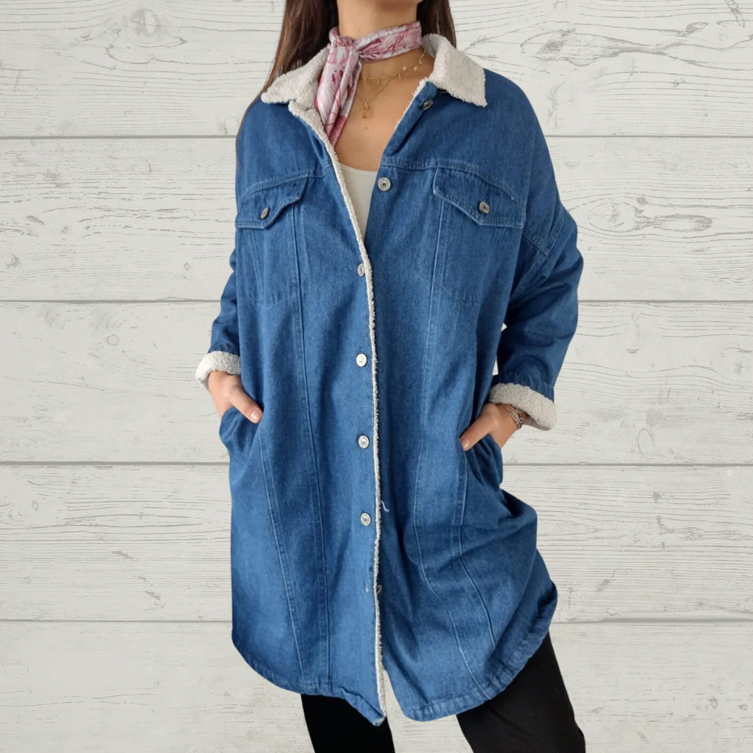 Mid-length lamb wool washed denim lapel coat
