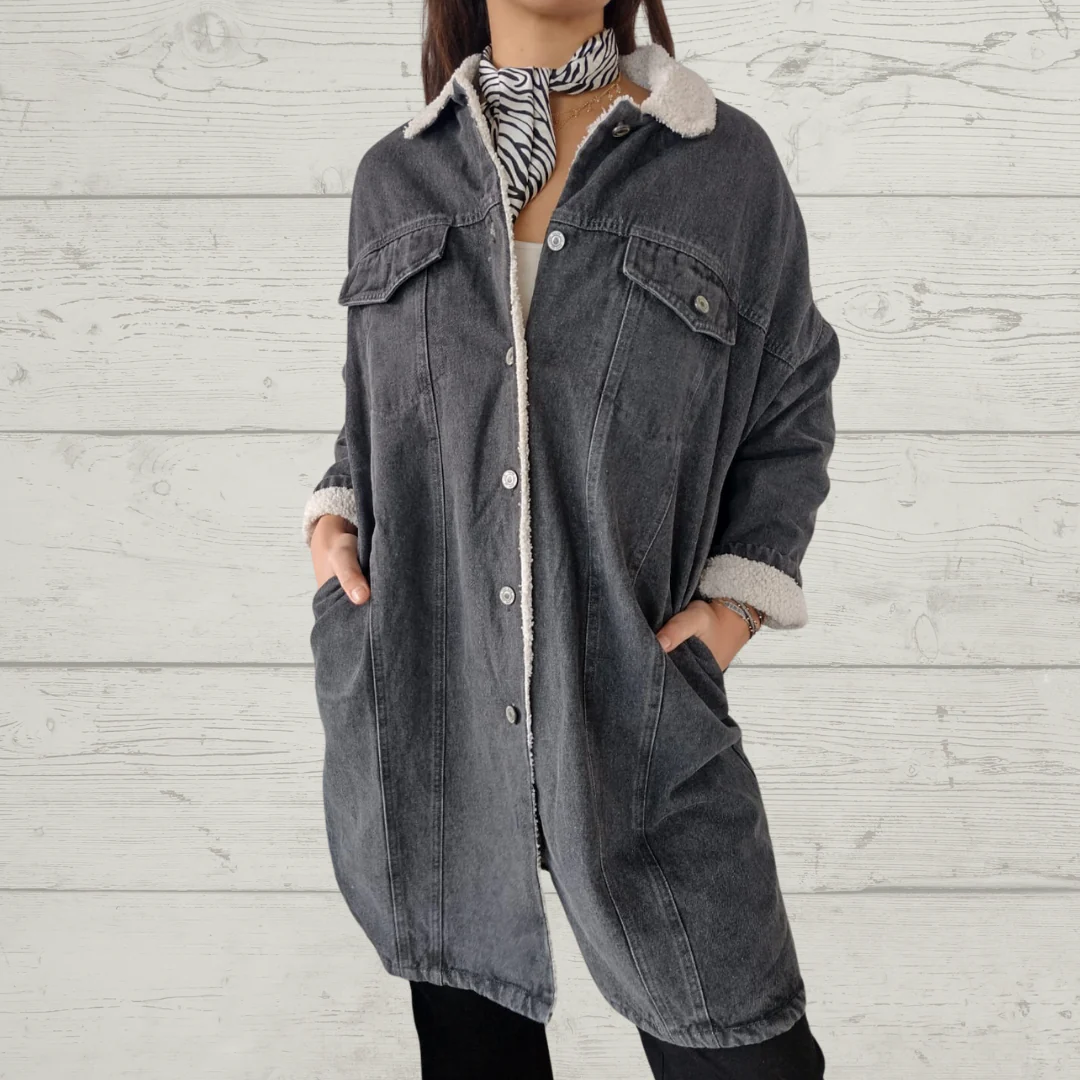 Mid-length lamb wool washed denim lapel coat