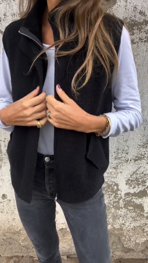 Ladies Half Turtleneck Zipper Cashmere Sweater Vest With Pocket