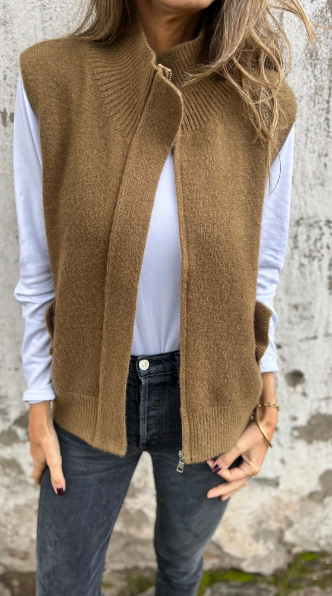 Ladies Half Turtleneck Zipper Cashmere Sweater Vest With Pocket