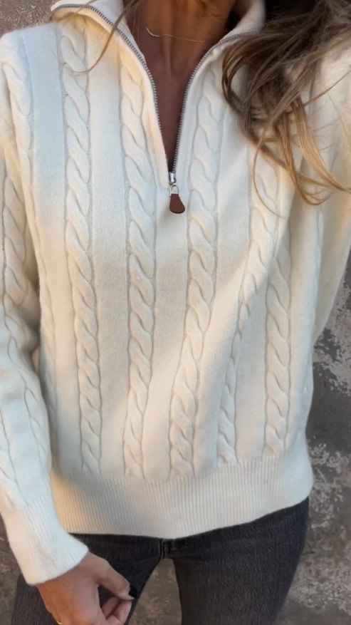 Zipper Stand Collar Half Turtleneck Twisted Solid Color Casual Sweater