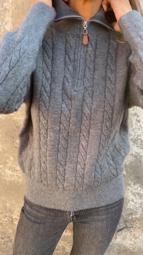 Zipper Stand Collar Half Turtleneck Twisted Solid Color Casual Sweater