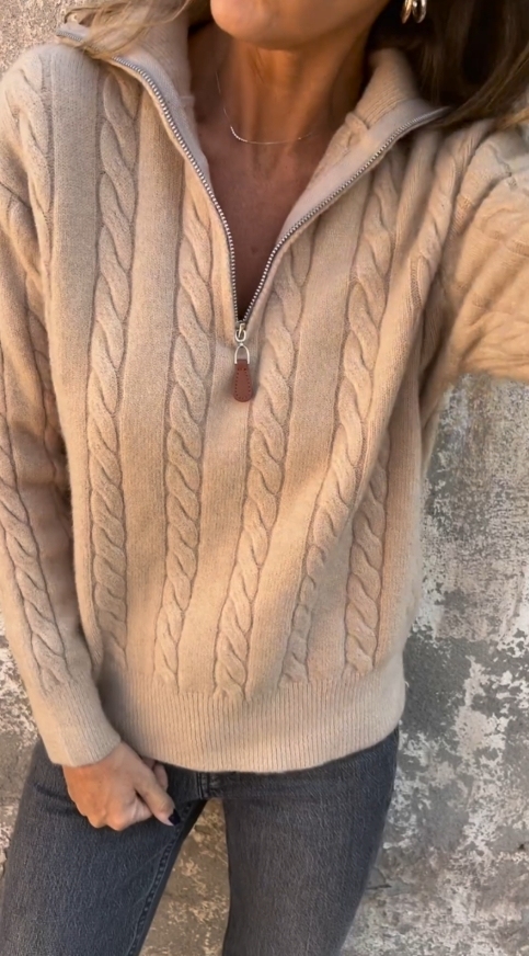 Zipper Stand Collar Half Turtleneck Twisted Solid Color Casual Sweater