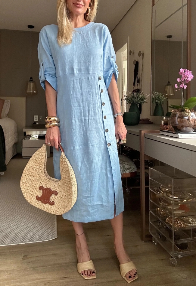 2024 Autumn new cotton and linen long sleeve side button shirt dress