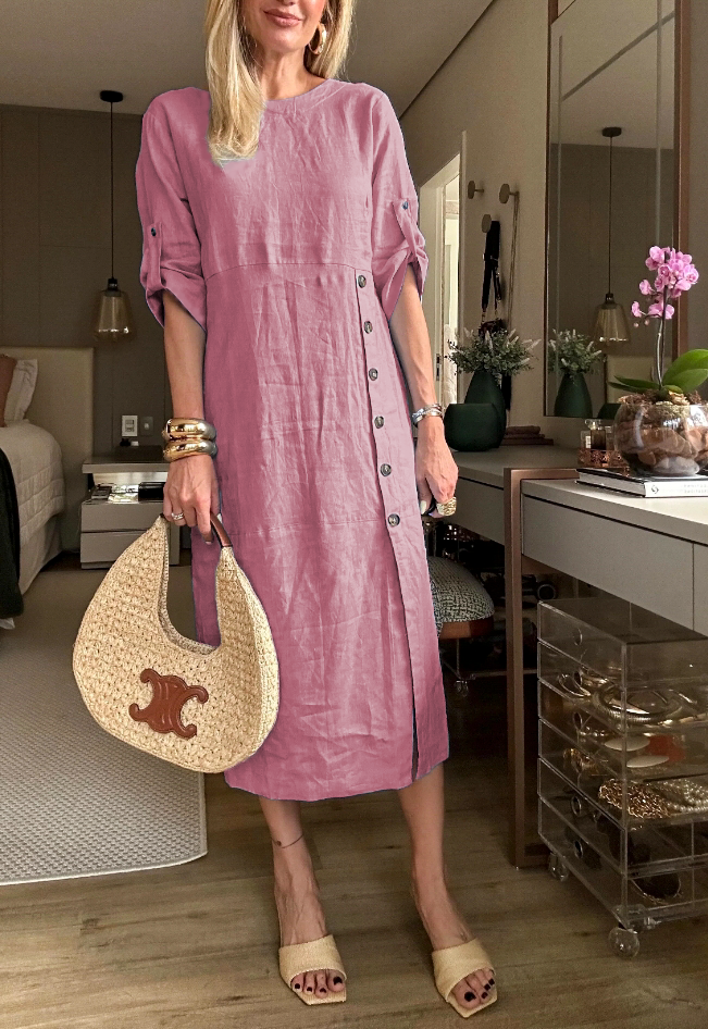 2024 Autumn new cotton and linen long sleeve side button shirt dress