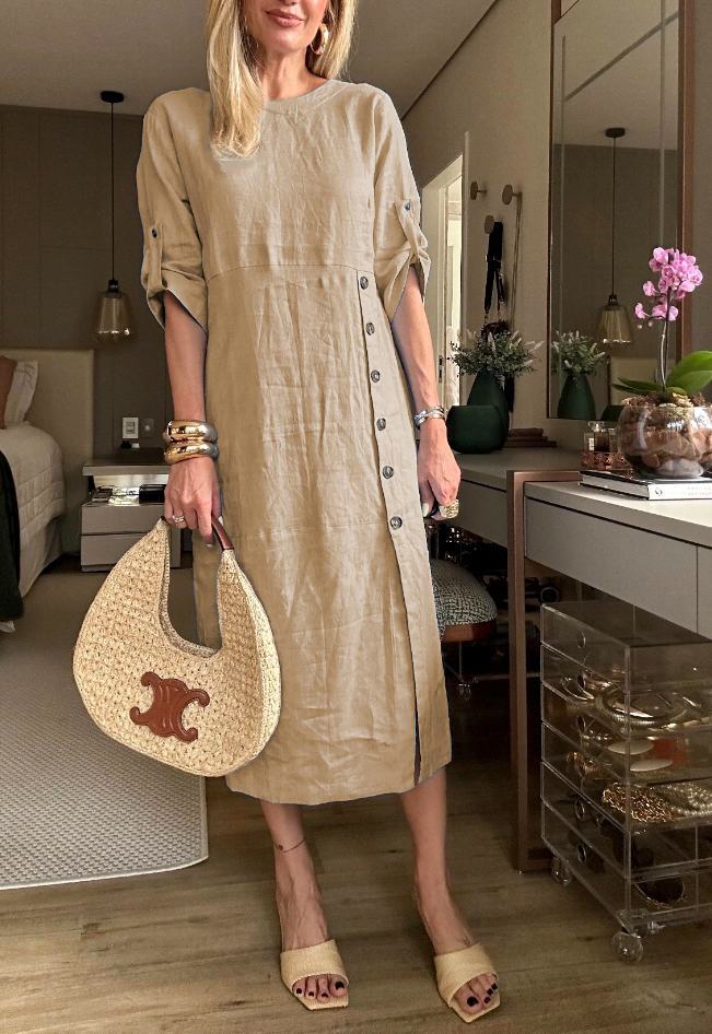 2024 Autumn new cotton and linen long sleeve side button shirt dress