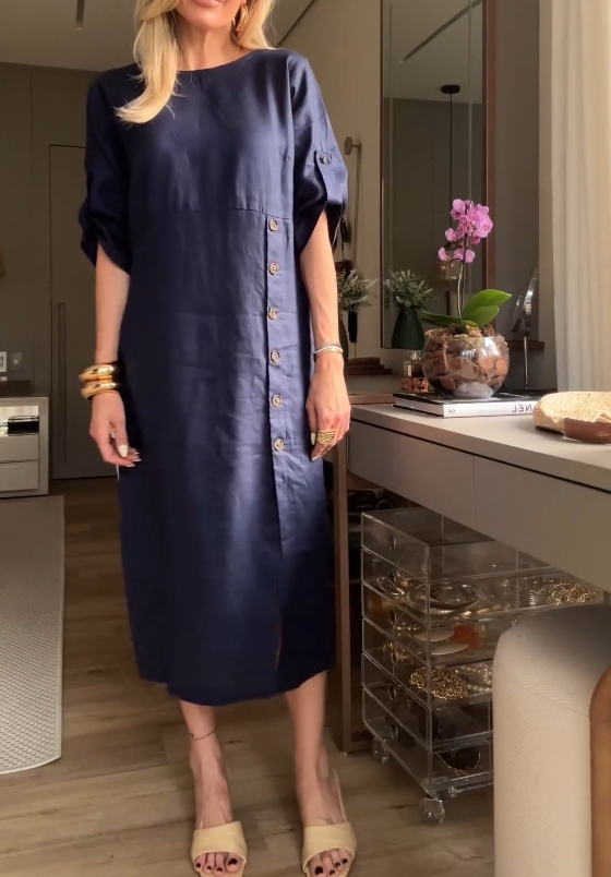 2024 Autumn new cotton and linen long sleeve side button shirt dress
