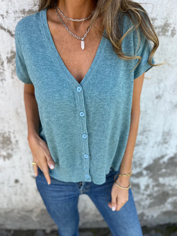 Knitted single-breasted solid color V-neck short sleeves