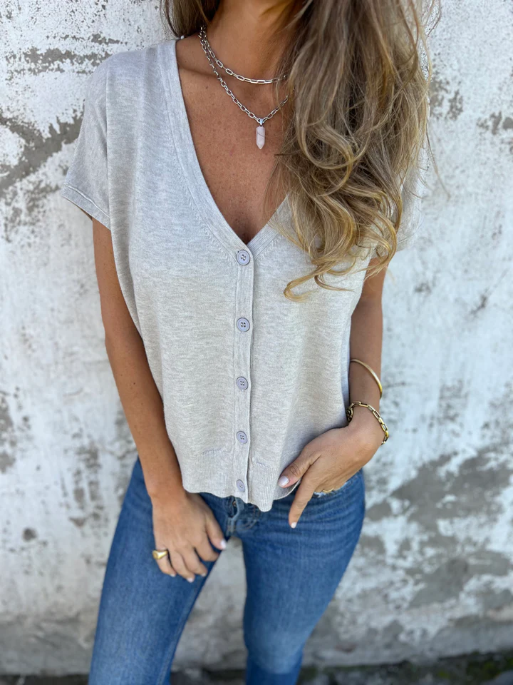 Knitted single-breasted solid color V-neck short sleeves