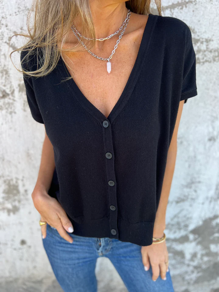 Knitted single-breasted solid color V-neck short sleeves