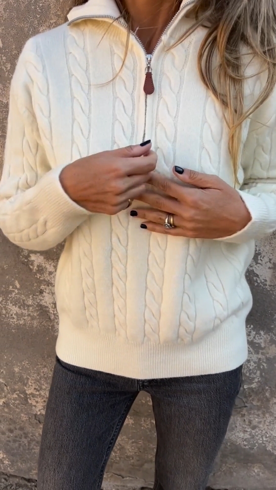 Zipper Stand Collar Half Turtleneck Twisted Solid Color Casual Sweater