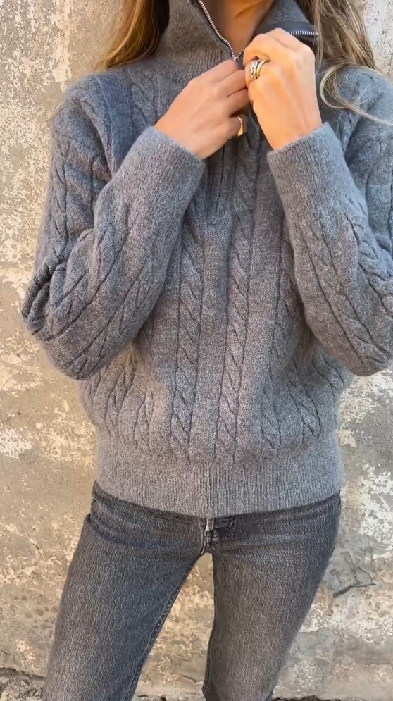 Zipper Stand Collar Half Turtleneck Twisted Solid Color Casual Sweater