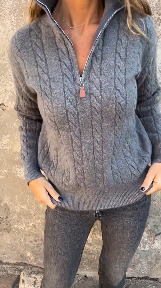 Zipper Stand Collar Half Turtleneck Twisted Solid Color Casual Sweater