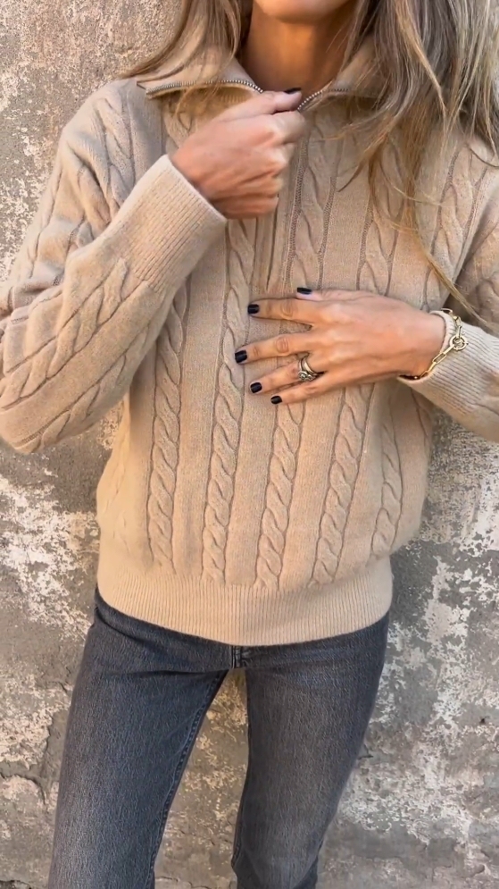 Zipper Stand Collar Half Turtleneck Twisted Solid Color Casual Sweater