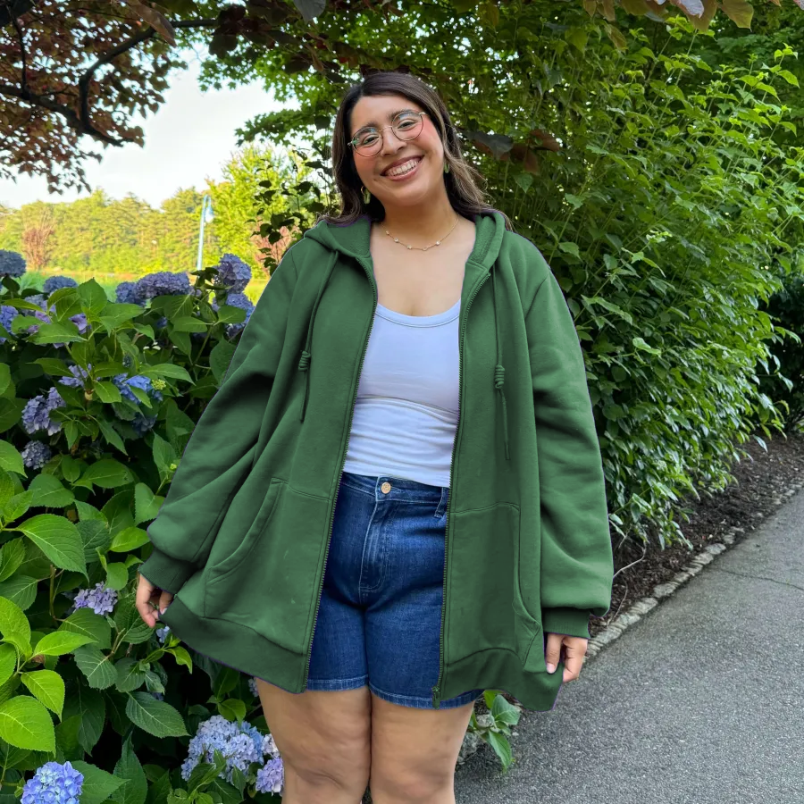 Loose Fit Solid Zip-Up Hoodie