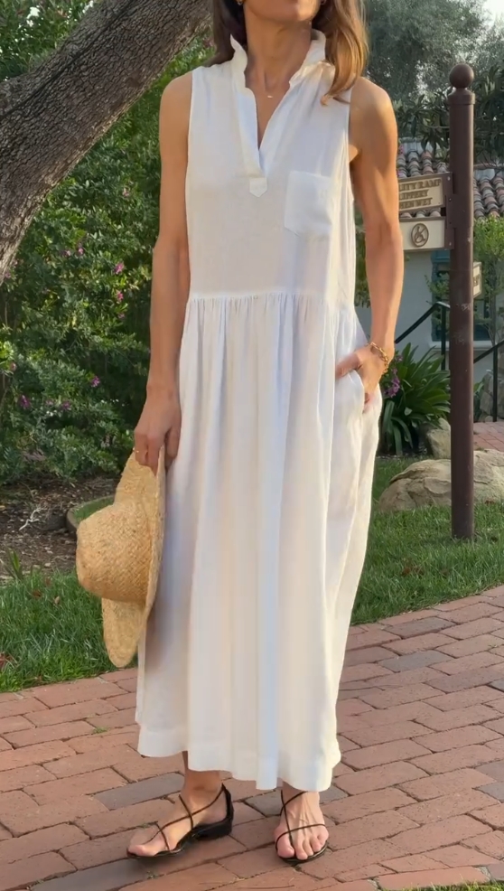 Lapel Stand Collar Sleeveless Linen Pocket Dress